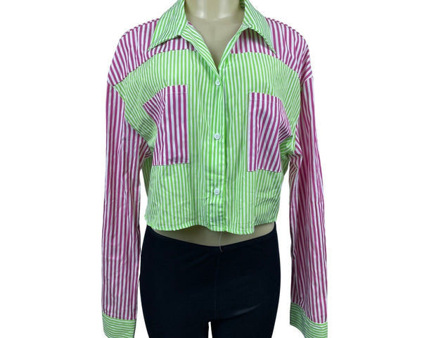 Daisy Women’s Green and Pink Colorblock with Stripes Cropped Blouse Sz 2X NWT