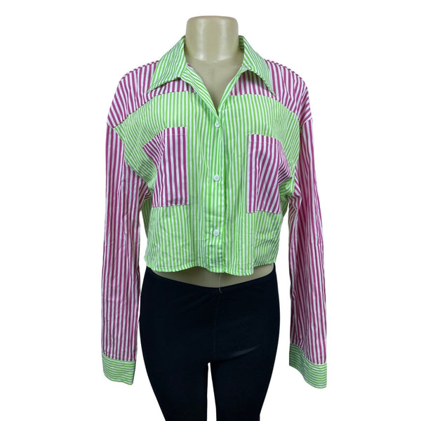 Daisy Women’s Green and Pink Colorblock with Stripes Cropped Blouse Sz 2X NWT