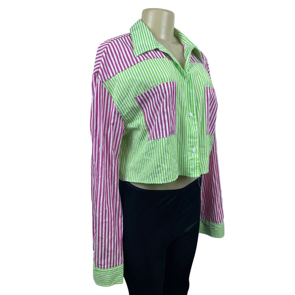 Daisy Women’s Green and Pink Colorblock with Stripes Cropped Blouse Sz 2X NWT