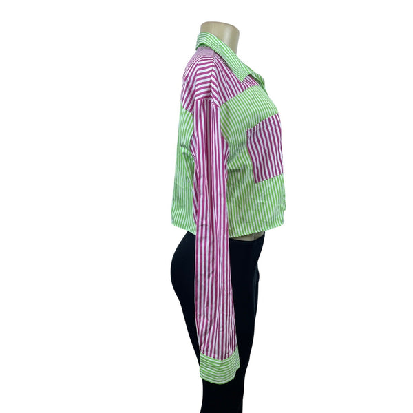 Daisy Women’s Green and Pink Colorblock with Stripes Cropped Blouse Sz 2X NWT