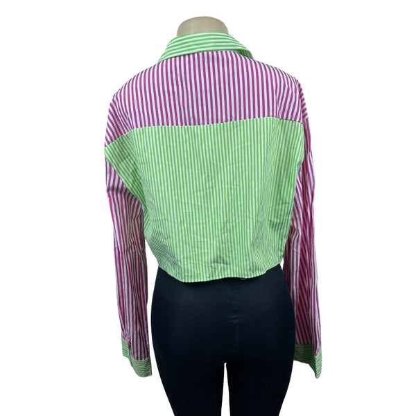 Daisy Women’s Green and Pink Colorblock with Stripes Cropped Blouse Sz 2X NWT