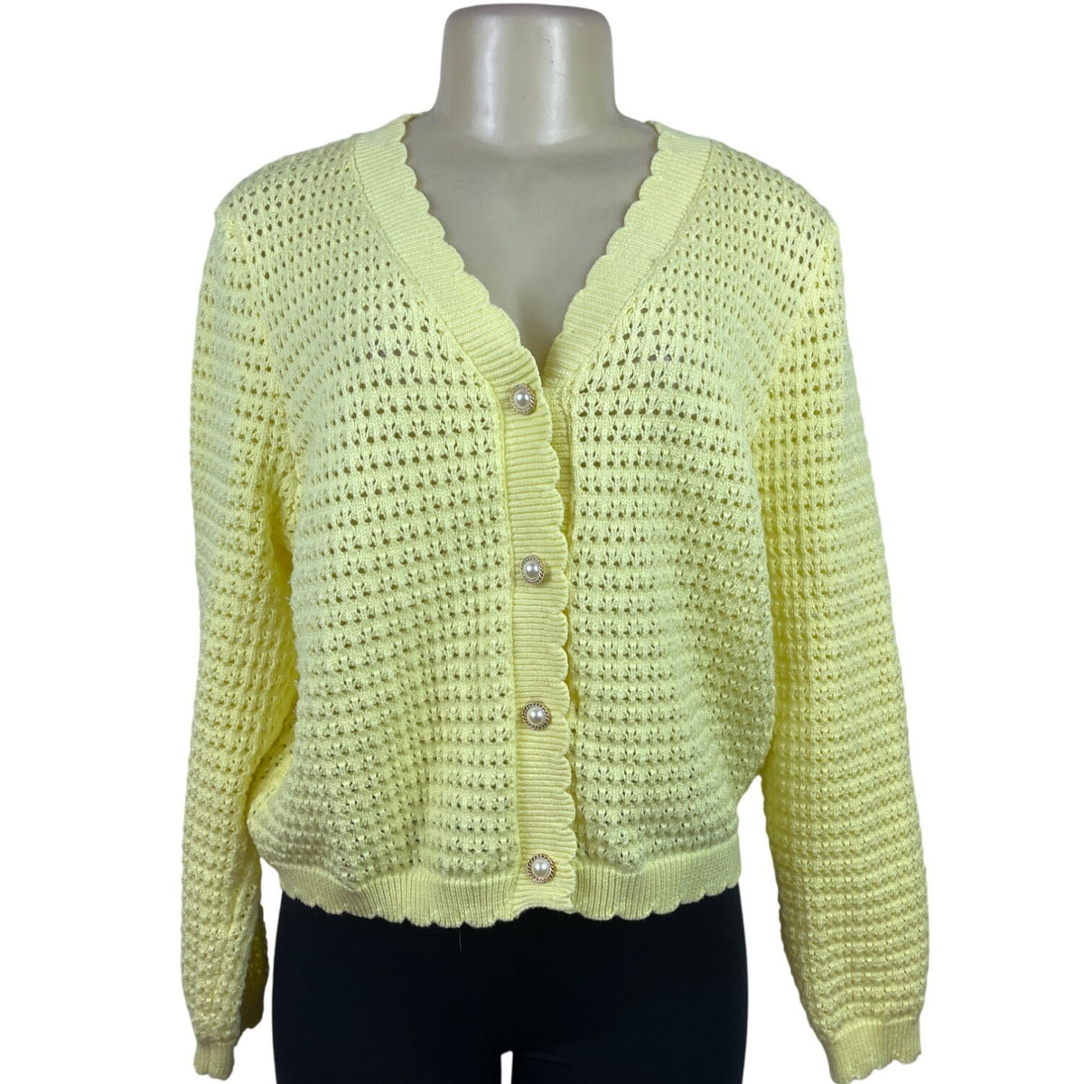 Nanette Lepore Yellow Open Knit Women’s Cardigan Button Front Pearl Accent Size L