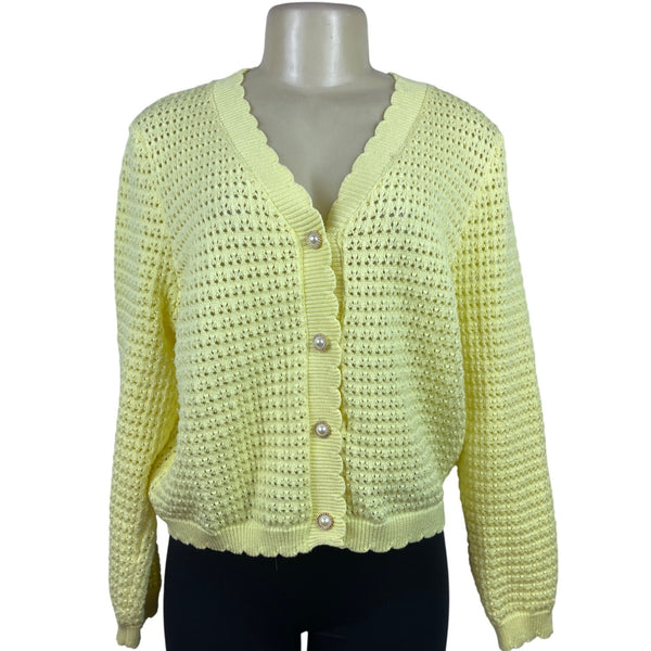 Nanette Lepore Yellow Open Knit Women’s Cardigan Button Front Pearl Accent Size L