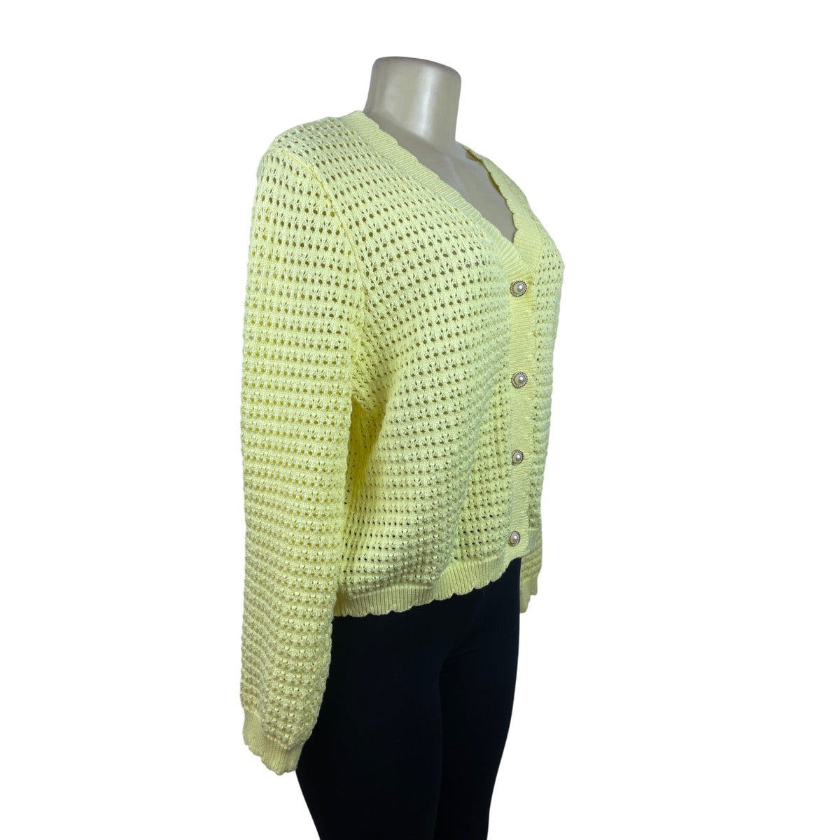 Nanette Lepore Yellow Open Knit Women’s Cardigan Button Front Pearl Accent Size L