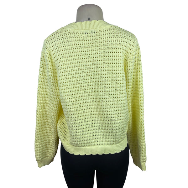 Nanette Lepore Yellow Open Knit Women’s Cardigan Button Front Pearl Accent Size L