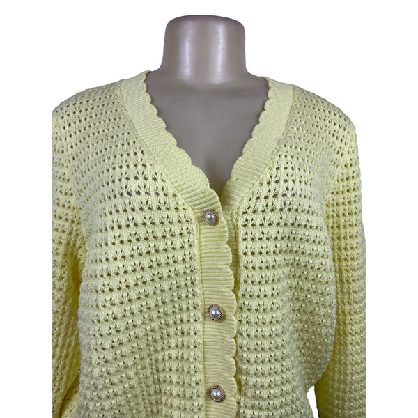 Nanette Lepore Yellow Open Knit Women’s Cardigan Button Front Pearl Accent Size L