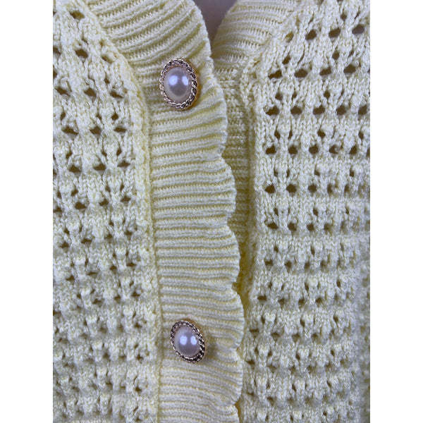 Nanette Lepore Yellow Open Knit Women’s Cardigan Button Front Pearl Accent Size L