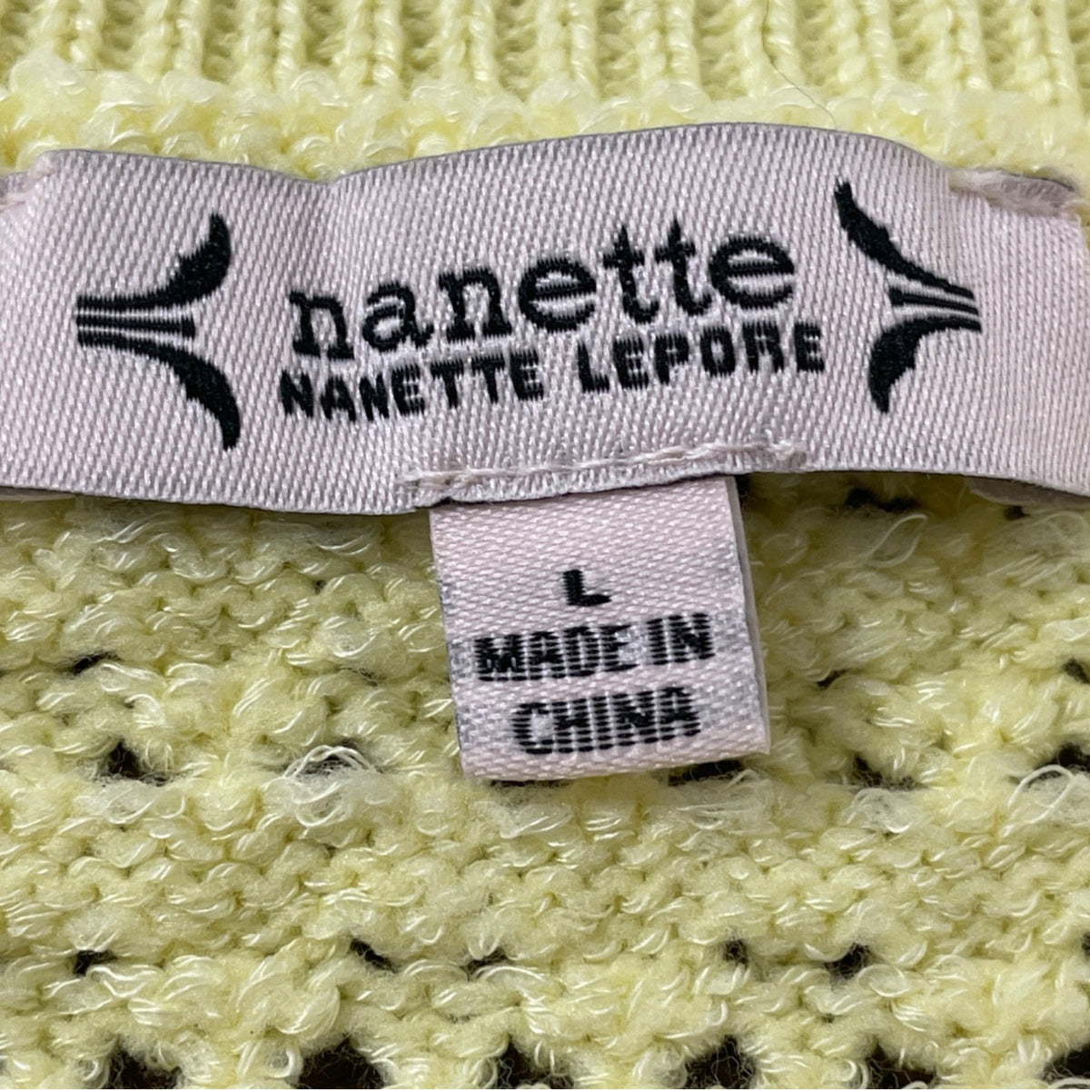 Nanette Lepore Yellow Open Knit Women’s Cardigan Button Front Pearl Accent Size L