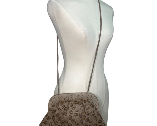 Vintage 70"s Halston Gray Leaf Print Suede Crossbody Bag With Gold Accent Size M