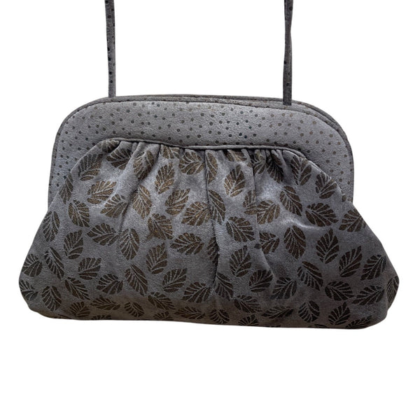 Vintage 70"s Halston Gray Leaf Print Suede Crossbody Bag With Gold Accent Size M