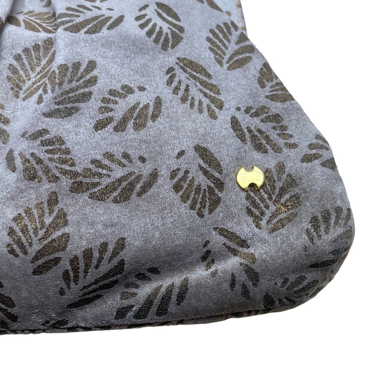 Vintage 70"s Halston Gray Leaf Print Suede Crossbody Bag With Gold Accent Size M