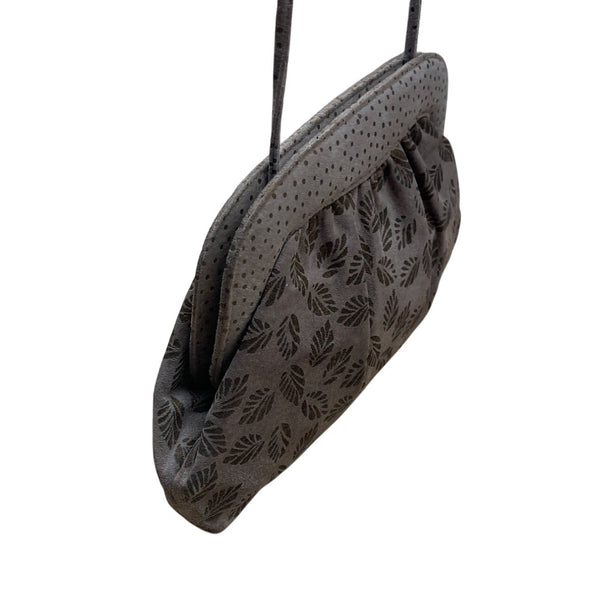 Vintage 70"s Halston Gray Leaf Print Suede Crossbody Bag With Gold Accent Size M