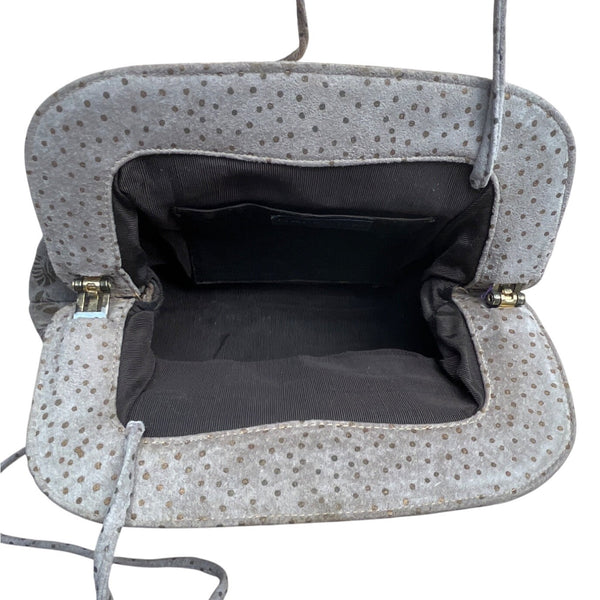 Vintage 70"s Halston Gray Leaf Print Suede Crossbody Bag With Gold Accent Size M