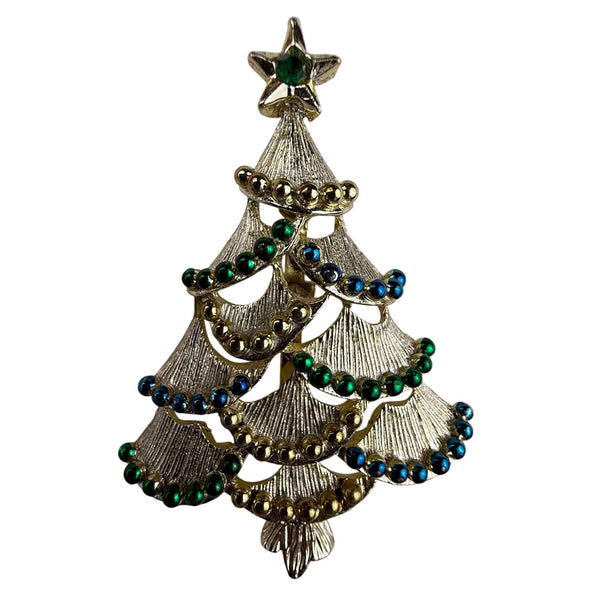 Gerrys Gold Tone Metal Christmas Tree Brooch Pin Festive Green & Blue Accents