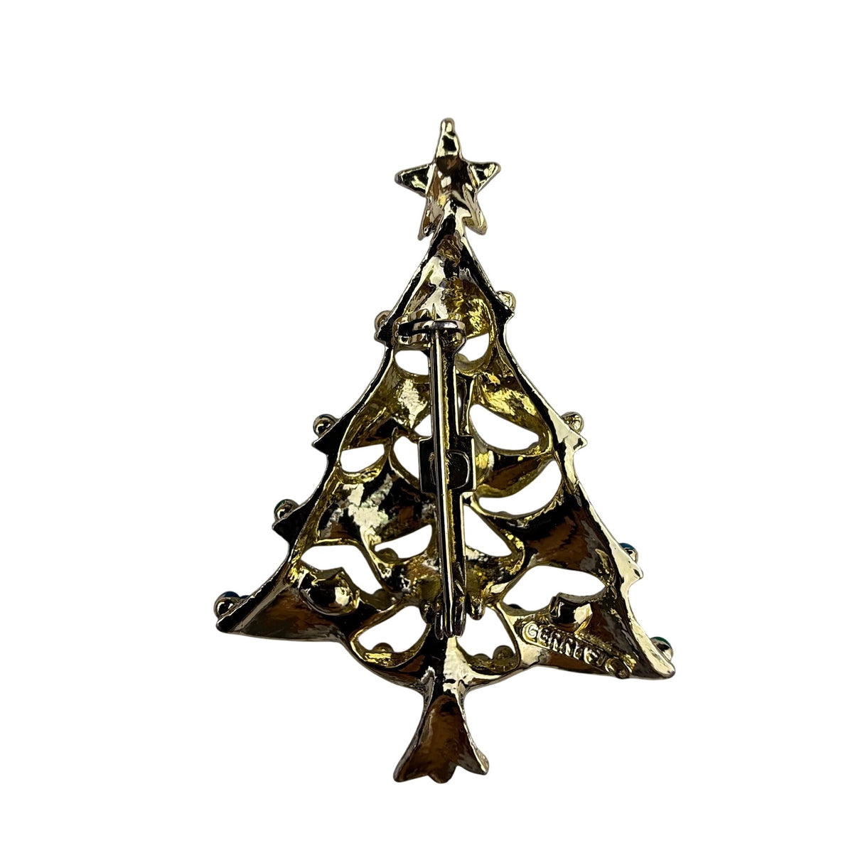 Gerrys Gold Tone Metal Christmas Tree Brooch Pin Festive Green & Blue Accents