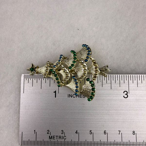 Gerrys Gold Tone Metal Christmas Tree Brooch Pin Festive Green & Blue Accents
