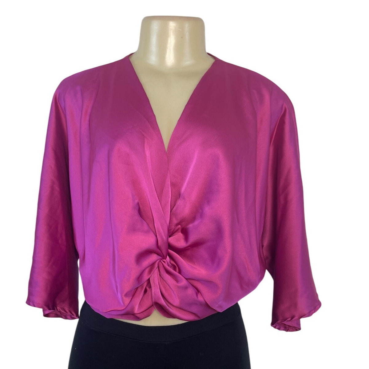 Renee C Women's Satin Fuchsia Knot Front Blouse With 3/4 Sleeves Size S