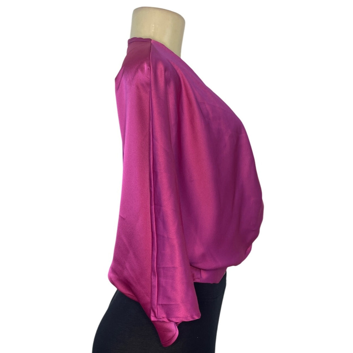 Renee C Women's Satin Fuchsia Knot Front Blouse With 3/4 Sleeves Size S