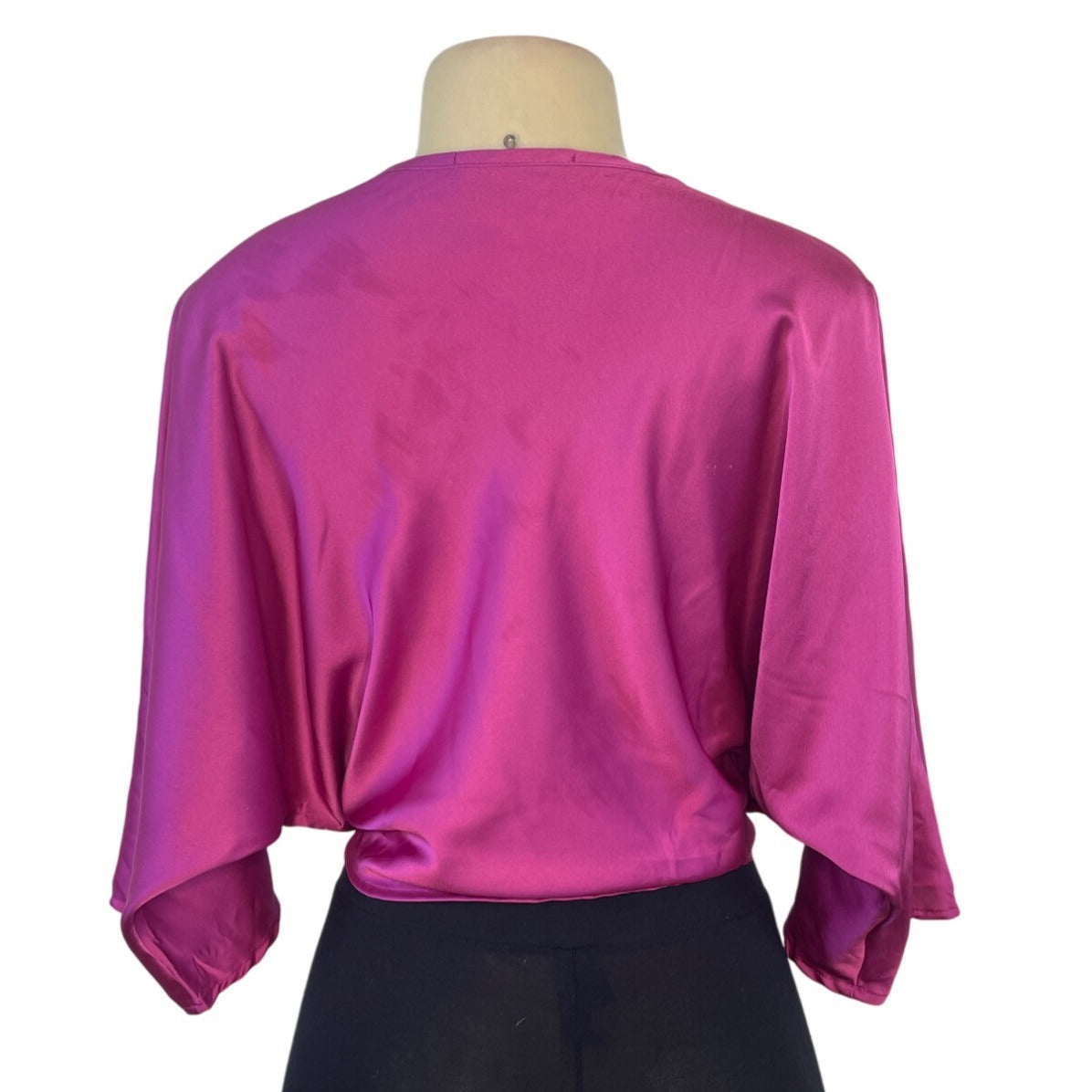 Renee C Women's Satin Fuchsia Knot Front Blouse With 3/4 Sleeves Size S