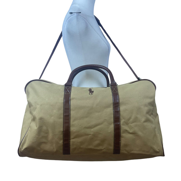 Ralph Lauren Mens Beige & Brown Canvas With Shoulder Strap Travel Duffle Bag
