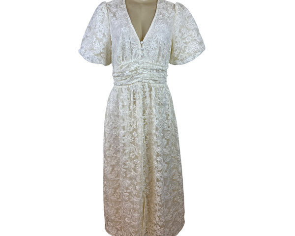 Balticborn Women’s Ivory Lace Floral Midi Dress V-Neck Puff Sleeves Sz M - New