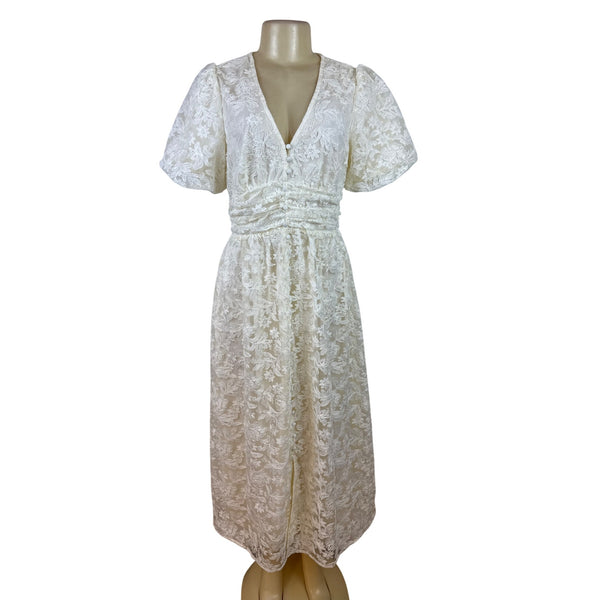 Balticborn Women’s Ivory Lace Floral Midi Dress V-Neck Puff Sleeves Sz M - New