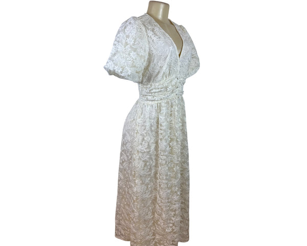 Balticborn Women’s Ivory Lace Floral Midi Dress V-Neck Puff Sleeves Sz M - New