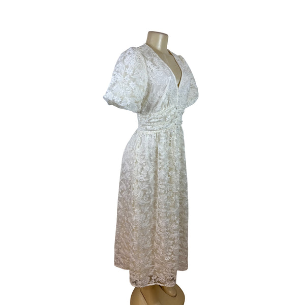 Balticborn Women’s Ivory Lace Floral Midi Dress V-Neck Puff Sleeves Sz M - New