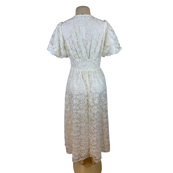 Balticborn Women’s Ivory Lace Floral Midi Dress V-Neck Puff Sleeves Sz M - New
