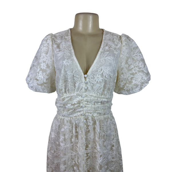 Balticborn Women’s Ivory Lace Floral Midi Dress V-Neck Puff Sleeves Sz M - New