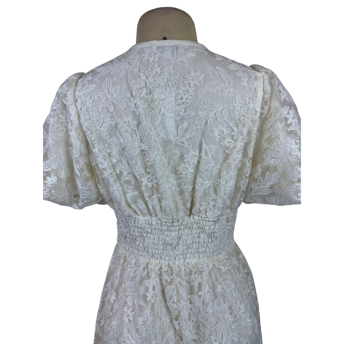 Balticborn Women’s Ivory Lace Floral Midi Dress V-Neck Puff Sleeves Sz M - New