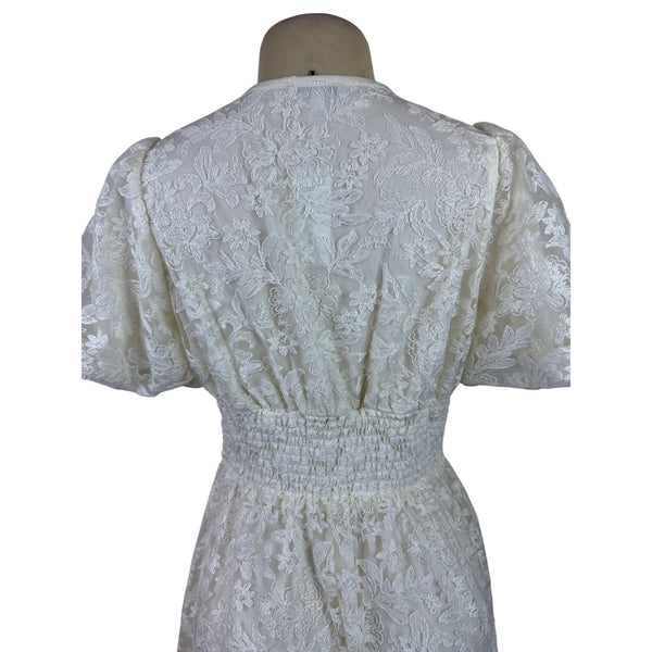 Balticborn Women’s Ivory Lace Floral Midi Dress V-Neck Puff Sleeves Sz M - New