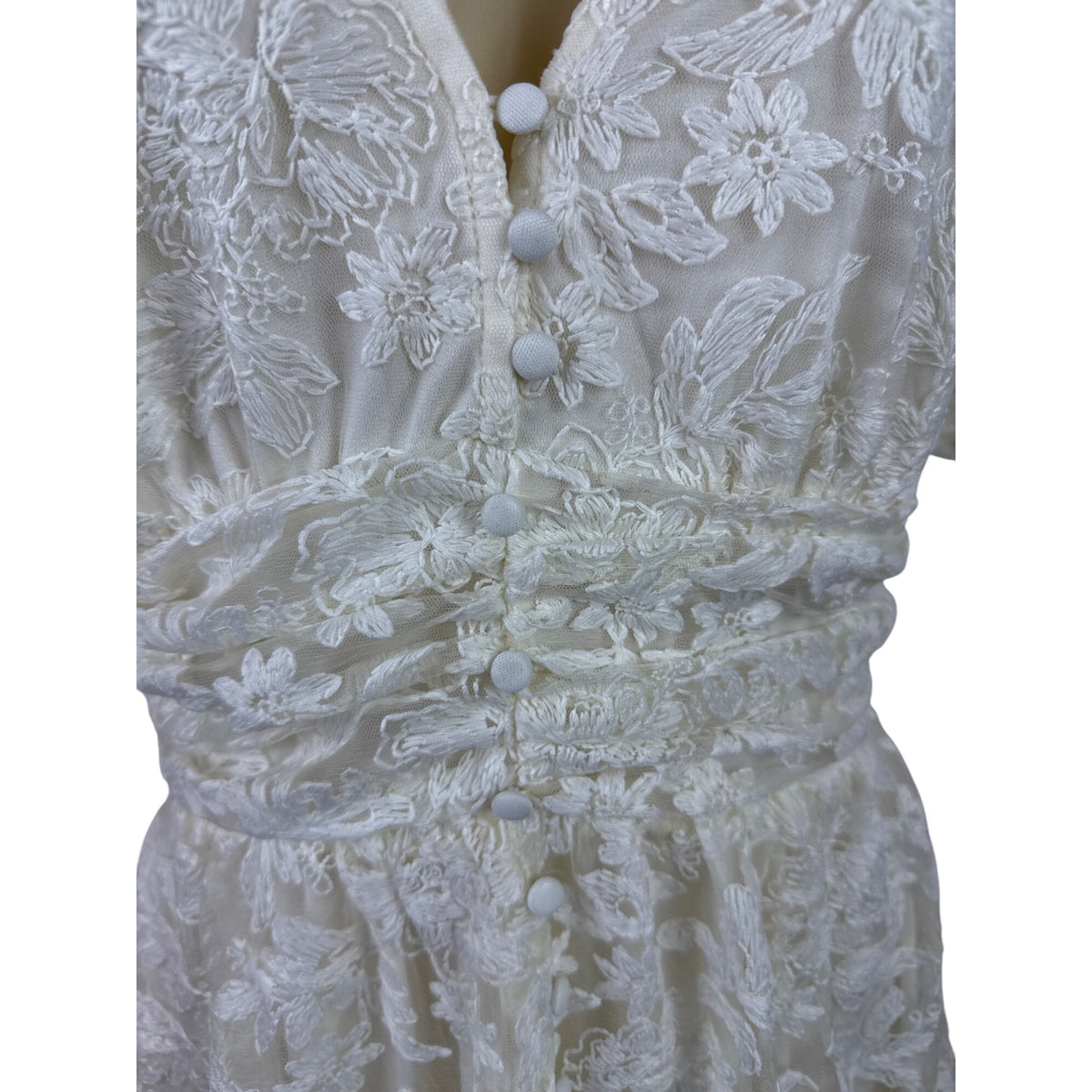 Balticborn Women’s Ivory Lace Floral Midi Dress V-Neck Puff Sleeves Sz M - New