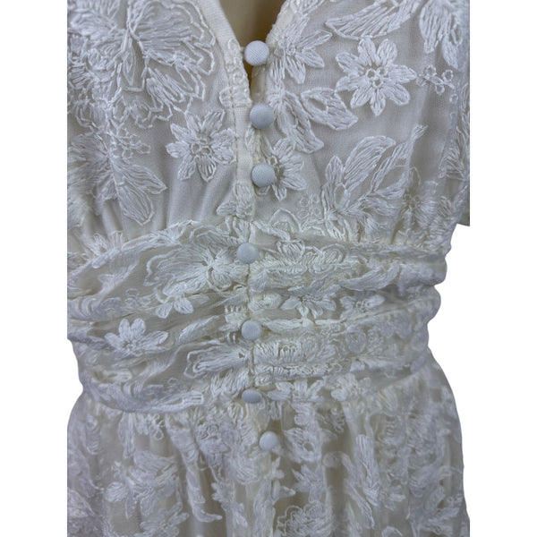 Balticborn Women’s Ivory Lace Floral Midi Dress V-Neck Puff Sleeves Sz M - New