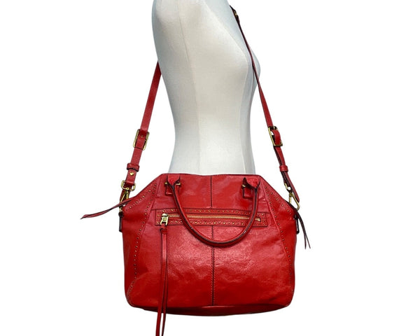 Elliott Lucca Red Studded Leather With Top Handles & Crossbody Strap Satchel Bag