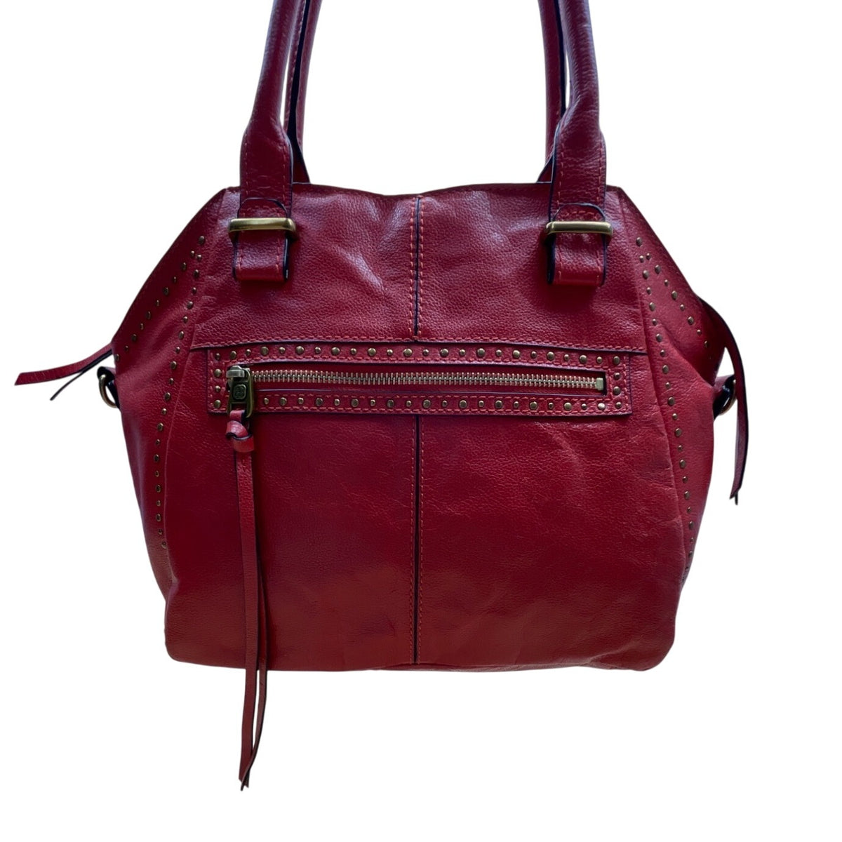 Elliott Lucca Red Studded Leather With Top Handles & Crossbody Strap Satchel Bag