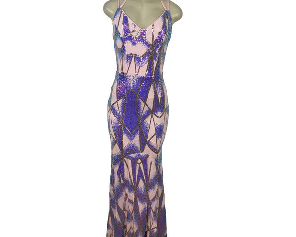 Giffniseti Women’s Pink Sequin Halter Neck Backless Maxi Dress Sz S - New