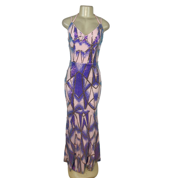 Giffniseti Women’s Pink Sequin Halter Neck Backless Maxi Dress Sz S - New