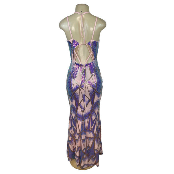 Giffniseti Women’s Pink Sequin Halter Neck Backless Maxi Dress Sz S - New