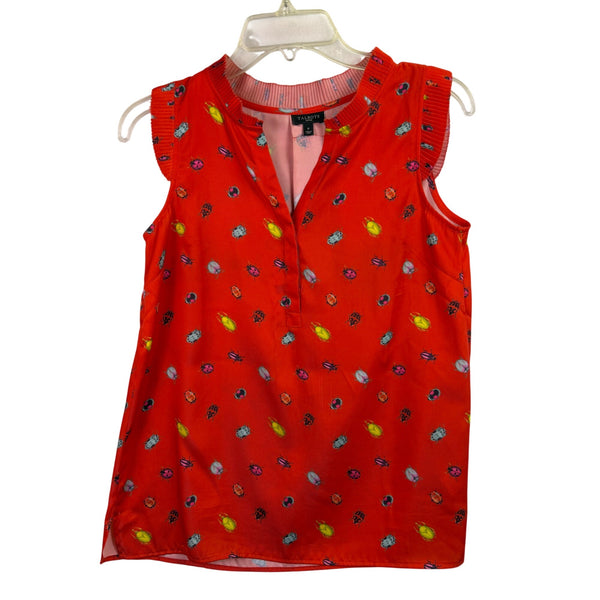 Talbots Womens Red Polyester Sleeveless Top With Bug Print & Pleated Trim Size P