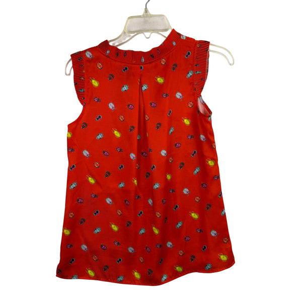 Talbots Womens Red Polyester Sleeveless Top With Bug Print & Pleated Trim Size P
