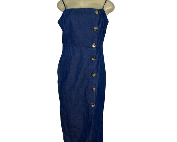 Topshop Moto Denim Midi Dress With Button Detail & Spaghetti Straps Size 8