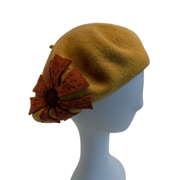 Fezko Women's Yellow Wool Flower Design Beret - One Size