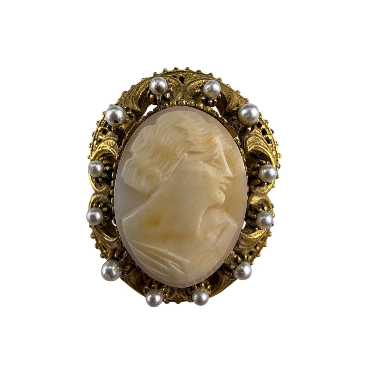 Florenza Gold Tone Womens Cameo Brooch With Faux Pearl Filigree Frame