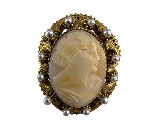 Florenza Gold Tone Womens Cameo Brooch With Faux Pearl Filigree Frame