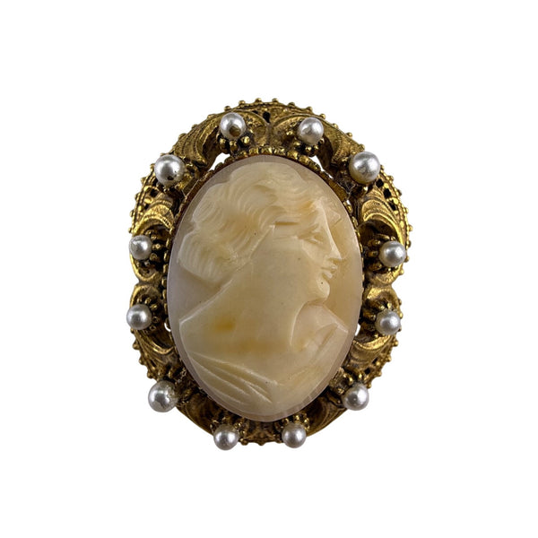 Florenza Gold Tone Womens Cameo Brooch With Faux Pearl Filigree Frame