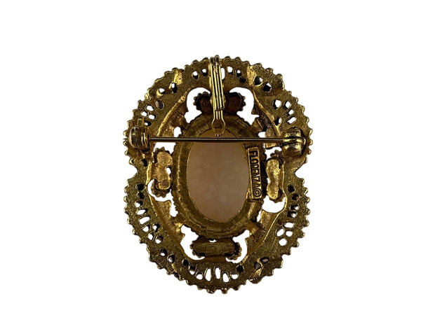 Florenza Gold Tone Womens Cameo Brooch With Faux Pearl Filigree Frame