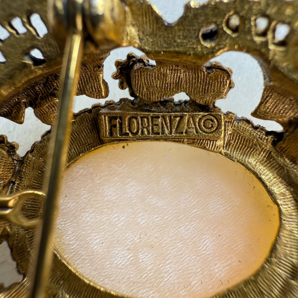 Florenza Gold Tone Womens Cameo Brooch With Faux Pearl Filigree Frame