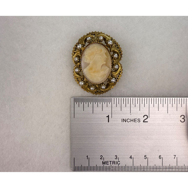 Florenza Gold Tone Womens Cameo Brooch With Faux Pearl Filigree Frame