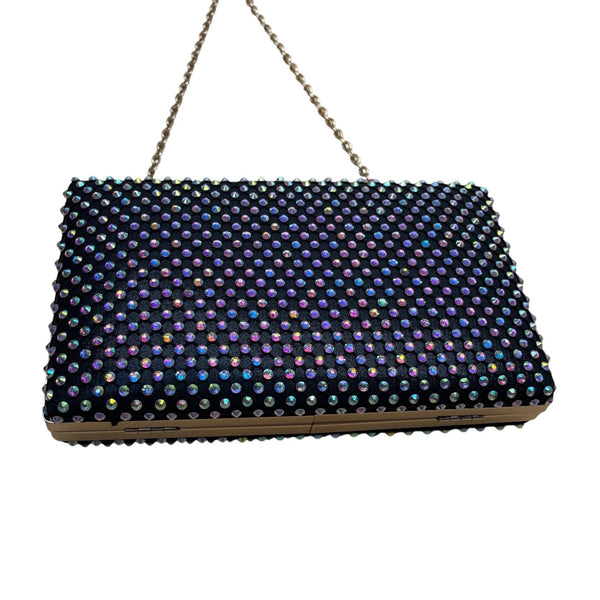 Black Lining Rhinestone Studded Gold Chain Strap Metallic Frame Crossbody Clutch